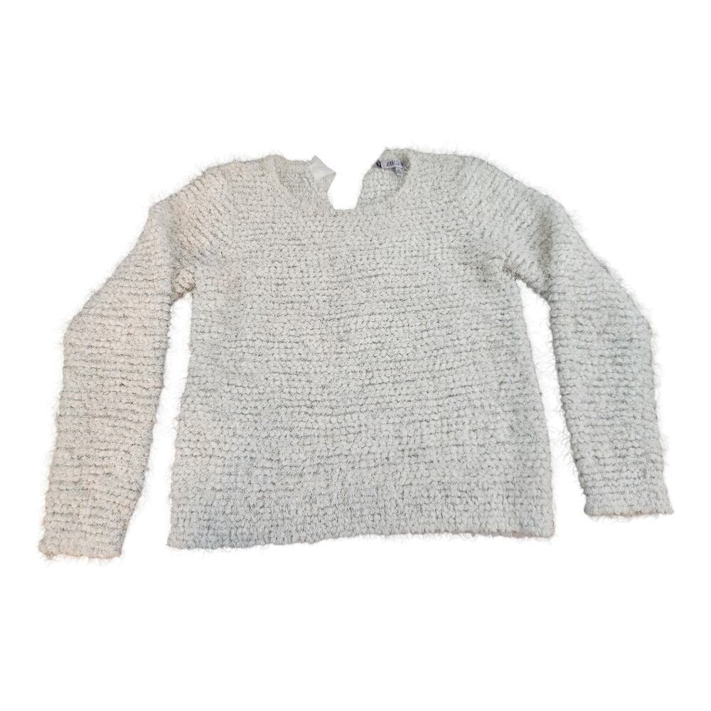 Jennifer Lopez fuzzy sweater sz XL ribbon tie in back white with silver sparkle